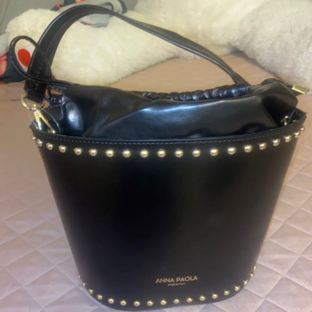 Anna Paola Black Leather Studded Crossbody Shoulder Bucket Bag Made in Italy